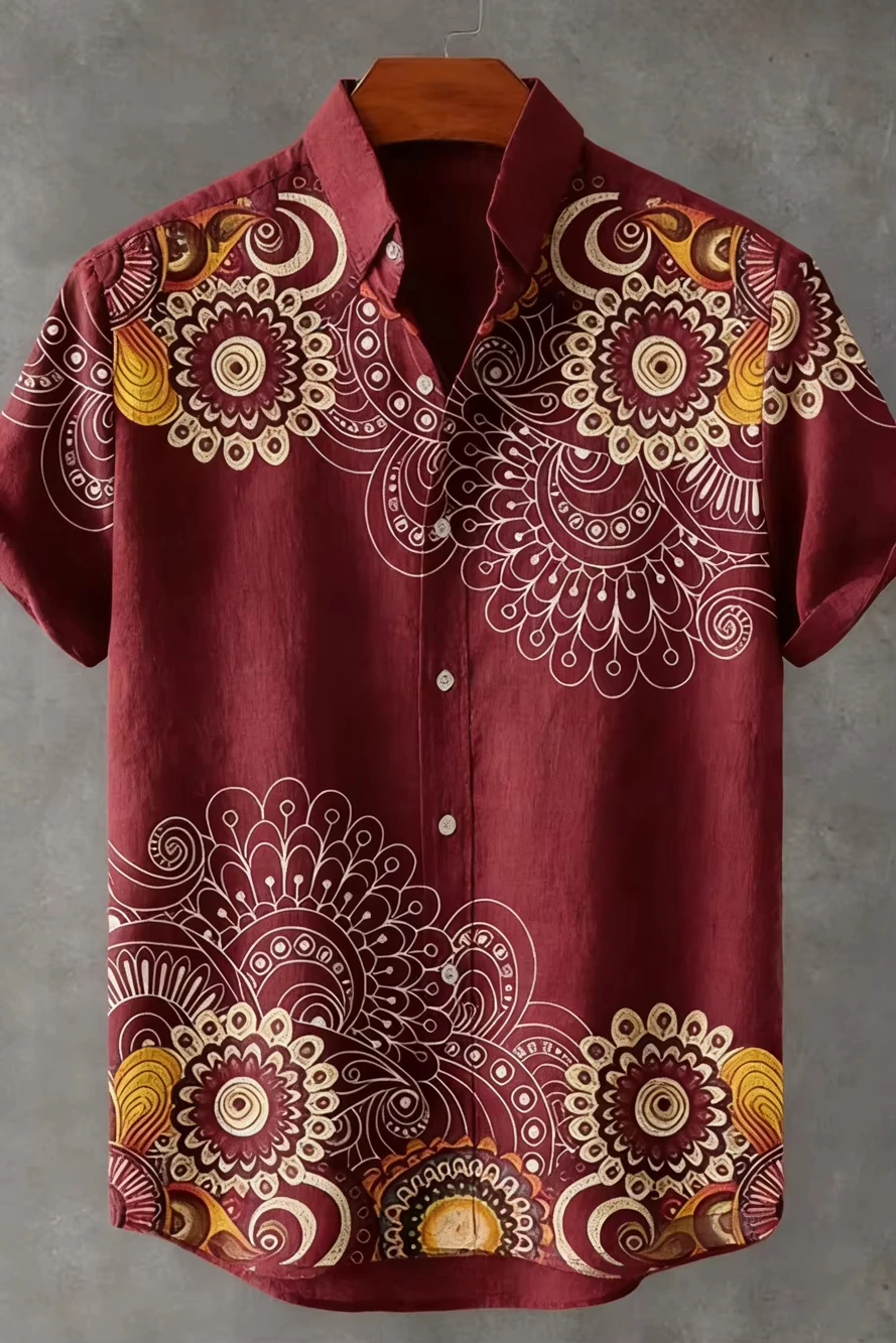 Ethnic Boho Fashion - قميص رجالي هاواياني بأكمام قصيرة بتصميم
